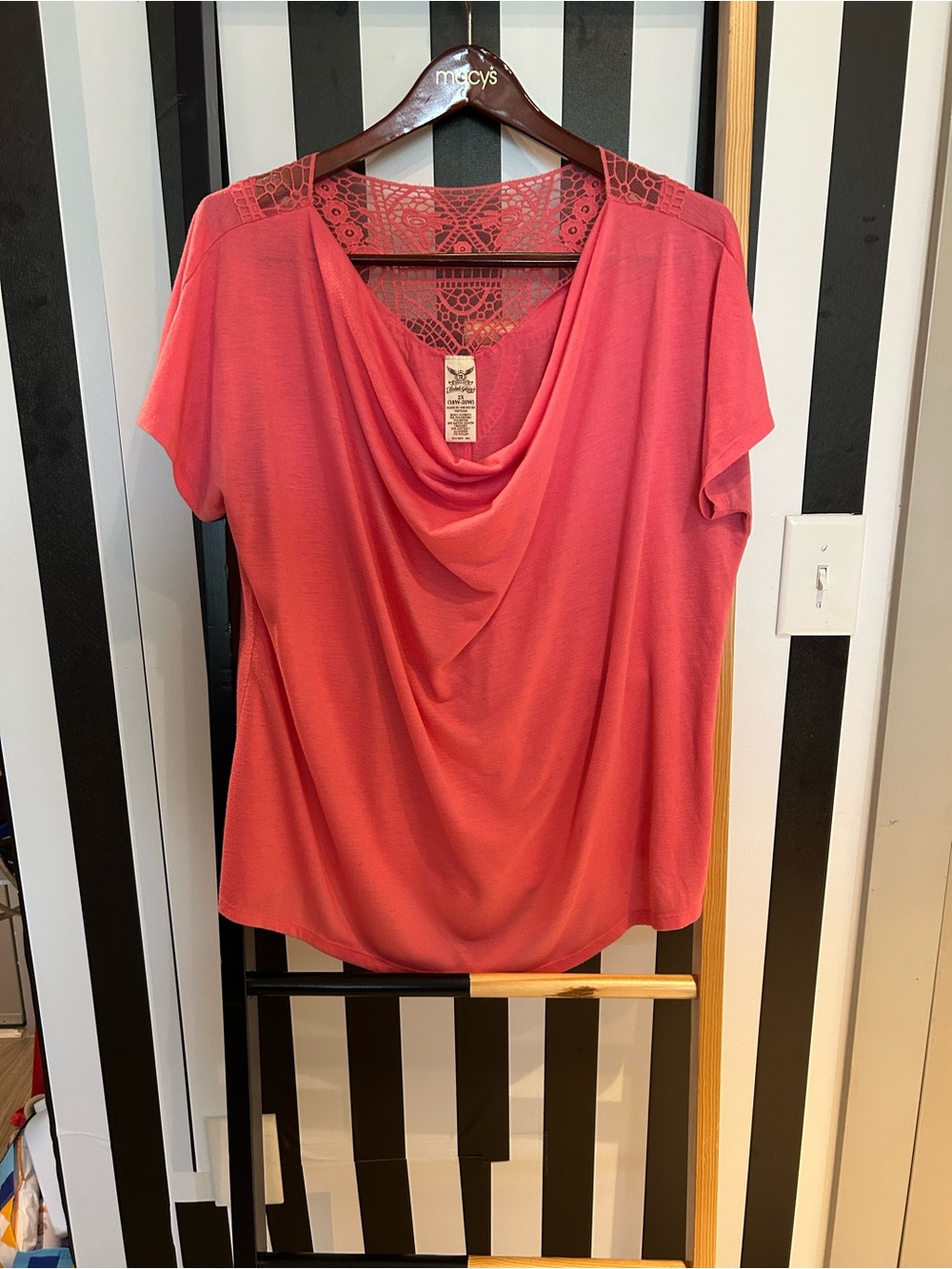 Faded Glory Coral Pink Cowl-Neck Lace-Back Blouse